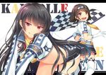  :d :q bangs black_hair brown_eyes brown_hair checkered checkered_flag flag gloves hairband horosuke_(toot08) isokaze_(kantai_collection) kantai_collection licking_lips long_hair multiple_girls naughty_face open_mouth race_queen red_eyes short_hair simple_background skirt smile tanikaze_(kantai_collection) thighhighs tongue tongue_out white_background 