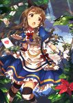  :o alice_(wonderland) alice_(wonderland)_(cosplay) alice_in_wonderland apron bad_id bad_pixiv_id bangs black_ribbon blue_dress brown_eyes brown_hair card cosplay dew_drop dress elbow_gloves eyebrows flower forest gloves hair_ribbon hairband highres idolmaster idolmaster_million_live! long_hair miyao_miya narumi_arata nature open_mouth playing_card ribbon solo striped striped_legwear thick_eyebrows thighhighs tree water_drop 