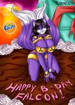  ! &lt;3 2015 anthro big_breasts black_hair black_nose blue_eyes bracelet breasts cake canine cleavage clothed clothing english_text female food fox fur hair hi_res jewelry kneeling long_hair looking_at_viewer mammal multiple_tails purple_hair skimpy smile solo tatara94 text under_boob white_fur wide_hips 