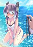  alternate_hair_length alternate_hairstyle bikini bikini_bottom_removed blush bottomless breast_squeeze breasts cleavage collarbone commentary_request day embarrassed eyepatch full_body headgear highres kantai_collection karumeyaki_(karumeyakiya) long_hair medium_breasts navel out_of_frame outdoors pov pov_hands purple_hair sitting solo_focus sunlight swimsuit tenryuu_(kantai_collection) v_arms very_long_hair wardrobe_malfunction water yellow_eyes yokozuwari 