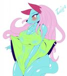  2015 anthro big_breasts blush breasts cleavage clothed clothing dress female green_eyes hair half-closed_eyes horn long_hair multicolored_eyes open_mouth purple_hair red_eyes simple_background tailzkim tentacles text undressing unknown_species water wet white_background wide_hips yellow_eyes 