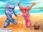  4_cat_generals beach breasts cat clothing duo eto_rangers feline female juken_(character) male mammal roran_(character) sand_castle sculpture seaside swimsuit 