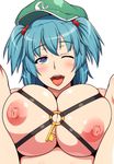  ao_banana blue_eyes blue_hair blush breast_press breasts folded hair_bobbles hair_ornament hat heart heart-shaped_pupils kawashiro_nitori key large_breasts nipples nude o-ring o-ring_top one_eye_closed open_mouth short_hair smile solo symbol-shaped_pupils tongue tongue_out touhou twintails two_side_up upper_body white_background 