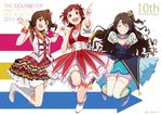  3girls :d absurdres amami_haruka anniversary ayano_yuu_(sonma_1426) blush brown_eyes brown_hair closed_eyes commentary_request copyright_name crown double_v green_eyes grin hair_ornament hair_ribbon hairclip highres idolmaster idolmaster_(classic) idolmaster_cinderella_girls idolmaster_million_live! kasuga_mirai long_hair multiple_girls official_style one_side_up open_mouth ribbon scrunchie shimamura_uzuki short_hair smile star!! v 