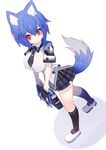  1girl animal_ear_fluff animal_ears bag black_socks blue_hair blush breasts commentary_request fox_ears fox_tail highres large_breasts looking_at_viewer mamuru original red_eyes school_bag short_hair skirt socks solo tail 