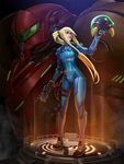  adapted_costume armor bangs blonde_hair bodysuit boots creature full_body gloves green_eyes gun hair_tie handgun helmet holding holding_gun holding_weapon holster light_rays lips lipstick long_hair looking_at_another makeup md5_mismatch metroid metroid_(creature) parted_lips ponytail power_suit rayph_beisner samus_aran sidelocks solo_focus source_request standing thigh_holster varia_suit very_long_hair weapon zero_suit 