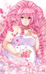  1girl bare_shoulders blush breasts cleavage curly_hair dress drill_hair felipone gem lipstick looking_at_viewer makeup parted_lips petals pink_eyes pink_hair plump pregnant rose_quartz_universe steven_universe very_long_hair 