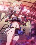  ;d asymmetrical_gloves asymmetrical_legwear blush fingerless_gloves gloves grey_hair hair_ribbon handa_roko idolmaster idolmaster_million_live! long_hair microphone music narumi_nanami navel one_eye_closed open_mouth ribbon shorts shorts_under_skirt singing smile thighhighs yellow_eyes 