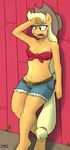  2015 anthro anthrofied applejack_(mlp) belt blonde_hair clothed clothing cowboy_hat denim_shorts earth_pony equine female freckles friendship_is_magic green_eyes hair hat hi_res horse long_hair mammal my_little_pony navel open_mouth pony shorts solo strangerdanger 
