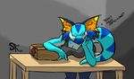  anthro arrow big_breasts blue_skin box breasts dialogue female fin lizard looking_at_viewer reptile scalie simple_background skea skeeve table text wood yellow_eyes 