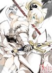  armor artoria_pendragon_(all) bare_back bare_shoulders blonde_hair caliburn detached_sleeves fate/stay_night fate/unlimited_codes fate_(series) garter_straps gauntlets green_eyes ponytail saber saber_lily solo sword thighhighs weapon yunar 