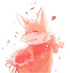  2018 anthro canine chung0_0 clothed clothing digital_media_(artwork) flower fox hi_res holding_flower holding_object inner_ear_fluff leaf looking_at_viewer male mammal open_mouth orange_theme plant scarf simple_background solo white_nose 