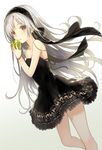  apple bracelet commentary_request dress food frilled_dress frills fruit gradient gradient_background hairband jewelry long_hair open_mouth original silver_hair solo strapless strapless_dress yuuki_rika 