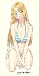  absurdres bangs bare_legs barefoot beige_background bikini blonde_hair blue_eyes blush breasts broad_shoulders cleavage collarbone copyright_request embarrassed full_body highres large_breasts long_hair navel o-ring o-ring_bikini parted_bangs puchiman simple_background sitting solo striped striped_bikini sweatdrop swimsuit twitter_username wariza 