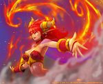 alexstrasza armor artist_name bikini_armor bracelet breasts cape fire horn_ornament horn_ring horns jewelry kim_yj large_breasts lipstick long_hair makeup midriff orange_eyes pointy_ears red_hair solo warcraft world_of_warcraft 