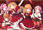  :d ;d ^_^ ^o^ aikatsu! aikatsu!_(series) amahane_madoka bad_id bad_pixiv_id banned_artist blonde_hair blush bow brown_hair closed_eyes double_v dress drill_hair elbow_gloves flower gloves hair_bow hair_flower hair_ornament hair_ribbon hairband hat himesato_maria hoshimiya_ichigo kitaouji_sakura kobeni_hijiko long_hair looking_at_viewer multiple_girls one_eye_closed oozora_akari open_mouth pantyhose pink_hair purple_eyes red_eyes ribbon short_hair side_ponytail skirt smile thighhighs top_hat v waving 