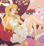  aikatsu! aikatsu!_(series) bear blonde_hair bow dress food fruit hair_bow hairband hoshimiya_ichigo linaria_(ookinahitomi) long_hair no_socks one_eye_closed puckered_lips red_eyes solo strawberry 