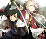  black_gloves blue_eyes gloves green_eyes green_hair heterochromia japanese_clothes katana long_hair male_focus multiple_boys nikkari_aoe pink_hair red_eyes saku_anna souza_samonji sword touken_ranbu trait_connection weapon 