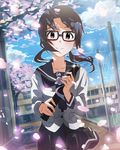  bespectacled black_hair blush brown_eyes cherry_blossoms glasses graduation grey_hair idolmaster idolmaster_million_live! long_hair long_sleeves looking_at_viewer narumi_nanami neckerchief petals sailor_collar school_uniform serafuku skirt smile solo takayama_sayoko tube 