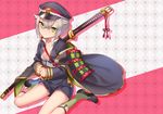  armor cape full_body green_eyes hair_flaps hat highres hotarumaru japanese_armor male_focus military military_uniform ootachi open_clothes open_shirt shirt shorts shoulder_armor silver_hair sitting smile sock_garters sode solo sword touken_ranbu tubumi uniform wariza weapon 