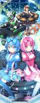  2girls acidmond bad_id bad_pixiv_id banned_artist baseball_cap blue_eyes blue_hair bow djyksbeat hat headphones highres kobeni_hijiko mask mix_(show_by_rock!!) multiple_boys multiple_girls necktie personification pink_eyes pink_hair rapezziauto ribbon rix_(show_by_rock!!) short_hair show_by_rock!! smile speaker sunglasses thighhighs 