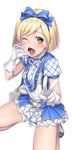  :d alternate_costume arm_up blonde_hair blush brown_eyes djeeta_(granblue_fantasy) dress fellatio_gesture gloves granblue_fantasy h_kasei hairband heart heart-shaped_pupils highres kimi_to_boku_no_mirai looking_at_viewer one_eye_closed open_mouth sexually_suggestive short_hair smile solo squatting symbol-shaped_pupils 