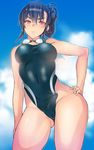  bangs black_hair blue_sky blush breasts bulge cloud coin_rand competition_swimsuit contrapposto covered_navel cowboy_shot day erection erection_under_clothes folded_ponytail frown futanari goggles goggles_around_neck hair_between_eyes hair_up hand_on_hip looking_at_viewer medium_breasts mole mole_under_eye one-piece_swimsuit original red_eyes short_hair sky solo standing swimsuit taut_clothes taut_swimsuit 