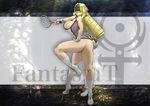  ass blonde_hair breasts cleavage drill_hair female gradient gradient_background large_breasts monster_girl multiple_legs solo tennis_racket 