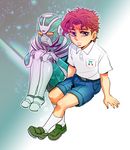  anz child gradient gradient_background hierophant_green jojo_no_kimyou_na_bouken kakyouin_noriaki outline polo_shirt purple_eyes red_hair shorts sitting stand_(jojo) younger 