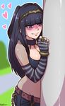  akairiot alternate_costume bad_id bad_tumblr_id black_hair breasts choker cleavage commentary contemporary denim fingerless_gloves fire_emblem fire_emblem:_kakusei fishnets gloves heart jeans jewelry medium_breasts pants purple_eyes ring solo stalking telephone_pole tharja tiara yandere 