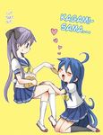  2girls ahoge begging black_legwear blue_eyes blue_hair blush embarrassed eyes_closed feeding food footwear frown hair_ribbon hard_translated heart hiiragi_kagami izumi_konata kneehighs kneeling legs_crossed long_hair lucky_star mole multiple_girls pleated_skirt purple_hair ribbon sana_(memechi) school_uniform simple_background sitting skirt smile socks sweat translated twintails very_long_hair white_legwear yellow_background yuri 