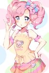  :o \m/ aikatsu! aikatsu!_(series) amahane_madoka bad_id bad_pixiv_id banned_artist bare_shoulders bear blue_eyes blush hair_ribbon hand_on_hip jewelry kobeni_hijiko nail_polish necklace open_mouth pink_hair pink_nails ribbon skirt sleeveless solo twintails 