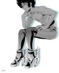  capricorn_shura character_request commentary_request high_heels male_focus mizuhara_aki monochrome saint_seiya shirtless simple_background sitting solo thighhighs white_background 