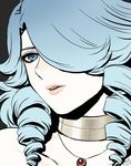  androgynous blue_eyes blue_hair choker collarbone commentary_request drill_hair face grey_background hair_over_one_eye lips long_hair male_focus mizuhara_aki otoko_no_ko parted_lips pisces_aphrodite saint_seiya simple_background solo upper_body 