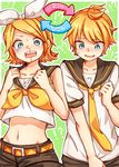  1boy 1girl bass_clef belt blonde_hair blood blue_eyes bow brother_and_sister hair_ribbon highres kagamine_len kagamine_rin midriff navel necktie nosebleed personality_switch ribbon sailor_collar short_hair short_ponytail short_sleeves shorts siblings sleeveless treble_clef twins vocaloid white_ribbon yellow_bow 