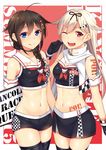  ;d adapted_costume ahoge black_hair blonde_hair blue_eyes body_writing braid catchphrase choker cowboy_shot fang hair_flaps hair_ornament hair_ribbon hairclip horosuke_(toot08) kantai_collection long_hair midriff multiple_girls navel one_eye_closed open_mouth poi race_queen red_eyes remodel_(kantai_collection) ribbon scarf school_uniform serafuku shigure_(kantai_collection) short_shorts shorts single_braid skirt smile stomach yuudachi_(kantai_collection) 