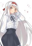  adjusting_hair arm_behind_back artist_name brown_eyes commentary dress hairband kantai_collection long_hair looking_at_viewer meme_attire sensen shoukaku_(kantai_collection) simple_background smile solo very_long_hair virgin_killer_outfit white_background white_hair 
