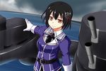  black_hair brown_eyes commentary_request gloves haguro_(kantai_collection) hair_ornament hairclip kantai_collection machinery nishi_koutarou outstretched_arm remodel_(kantai_collection) short_hair skirt solo upper_body water white_gloves 
