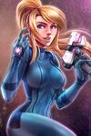  :d adyon bangs blonde_hair blue_eyes bodysuit breasts cowboy_shot emblem eyelashes finger_on_trigger floating_hair gloves glowing gun handgun high_ponytail highres hips holding holding_gun holding_weapon large_breasts lips long_hair looking_at_viewer metroid neon_trim open_mouth ponytail samus_aran science_fiction sidelocks signature smile solo turtleneck watermark weapon web_address zero_suit 