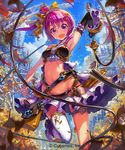  :d arm_up armpits autumn_leaves bangs bare_shoulders belt black_gloves black_panties blue_sky boots breasts buckle cloud company_name crop_top day elbow_gloves gloves groin hair_ribbon holding holding_weapon long_hair looking_at_viewer lowleg lowleg_panties midriff navel open_mouth outdoors panties pink_eyes pink_hair ponytail pouch purple_skirt ribbon shingeki_no_bahamut short_hair single_glove single_thighhigh skirt sky sleeveless small_breasts smile solo thigh_strap thighhighs thong underwear watermark weapon whip white_legwear wrist_cuffs yellow_ribbon yui_(niikyouzou) 