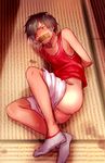  arms_behind_back bdsm black_hair bondage bound breath dark_skin dark_skinned_male duct_tape gagged hair_over_one_eye highres ikezawa_kazuma looking_at_viewer male_focus shadow shorts shorts_pull solo summer_wars sweat tan tank_top tsukuru_(seki_sabato) 