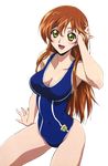  1girl :d absurdres adjusting_hair arm_up blush breasts brown_hair code_geass female gloves green_eyes hair_between_eyes hand_on_head happy highres large_breasts long_hair looking_at_viewer navel official_art one-piece_swimsuit open_mouth photoshop render shirley_fenette simple_background single_vertical_stripe sitting smile solo spread_legs swim_cap swimsuit thighs wet_hair wide_hips 