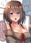  :o alternate_costume anger_vein blue_eyes blush breasts brown_hair casual cellphone cleavage collarbone commentary frown hair_ornament hairclip headgear kantai_collection large_breasts looking_at_viewer maya_(kantai_collection) open_mouth phone short_hair simple_background smartphone solo sweater tai_(nazutai) translated upper_body v-shaped_eyebrows white_background 