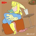  2015 4_toes anthro book breasts camera clothing cup dirty_feet female footwear fur green_eyes lagomorph mammal rabbit reading sandals solo table toes yellow_fur zp92 