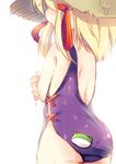  animal_print ass backlighting blonde_hair blush frog_print from_behind hair_ribbon hat highres matatabi_(nigatsu) moriya_suwako one-piece_swimsuit red_ribbon ribbon short_hair simple_background sketch solo swimsuit touhou white_background 