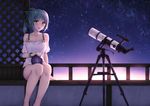  alternate_costume astronomy bangs bare_shoulders barefoot blush bow brown_eyes casual collarbone grey_hair hair_bow hair_ribbon kantai_collection looking_at_viewer open_mouth ponytail ribbon short_hair sitting sky smile solo star_(sky) starry_sky telescope terras yuubari_(kantai_collection) 