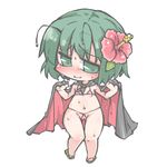  antenna_hair bikini blush cape chibi flower full_body green_eyes green_hair hair_flower hair_ornament hibiscus kureha_mitsushige micro_bikini sandals short_hair simple_background solo sweat swimsuit touhou wavy_mouth white_background wriggle_nightbug 