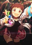  :d bad_id bad_pixiv_id blush bracelet brown_eyes brown_hair glowstick hair_ribbon highres idolmaster idolmaster_million_live! jewelry long_hair matsuda_arisa narumi_arata open_mouth ribbon skirt smile solo sweat sweatdrop thighhighs twintails 