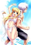  1girl :d air arm_up back-to-back barefoot bikini blonde_hair blue_eyes blush bracelet breasts cleavage commentary_request couple day hair_over_one_eye hair_ribbon hetero highres jewelry kamio_misuzu kunisaki_yukito long_hair looking_at_viewer male_swimwear medium_breasts navel open_mouth ponytail ribbon shorts side-tie_bikini silver_hair smile standing standing_on_one_leg swim_trunks swimsuit swimwear very_long_hair white_bikini zen 