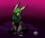  2013 anal anal_masturbation balls clothing cum erection green_eyes green_hair hair hands-free lagomorph legwear lotte_(munks) male mammal masturbation munks_(artist) orgasm penis presenting rabbit sex_toy solo stockings webcam 